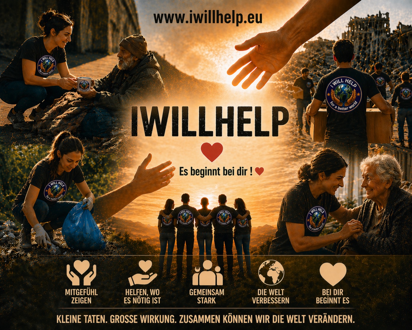 I WILL HELP Kampagnenmotiv mit Menschen, die gemeinsam helfen und unterstützen